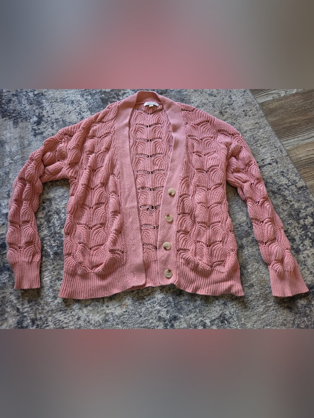 ANDREE BY UNIT Rose-Pink Open Knit Button Cardigan